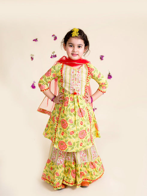 Girls Yellow Floral Printed Pleated Pure Cotton Kurta With Sharara With Dupatta